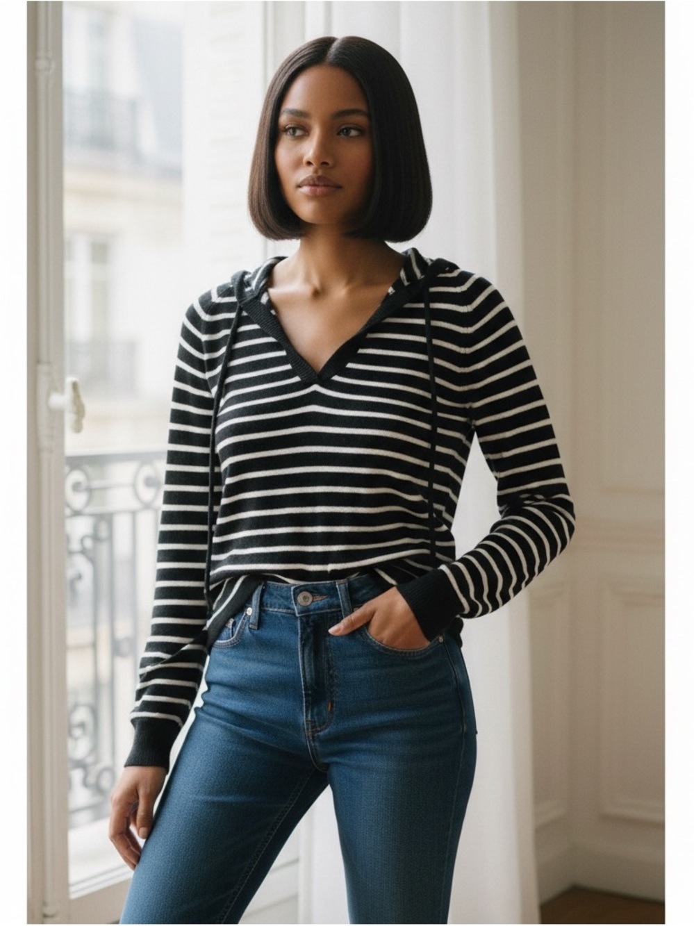 French Essential Loft Black Striped Long Sleeve Linen Blend Hooded Top Basic